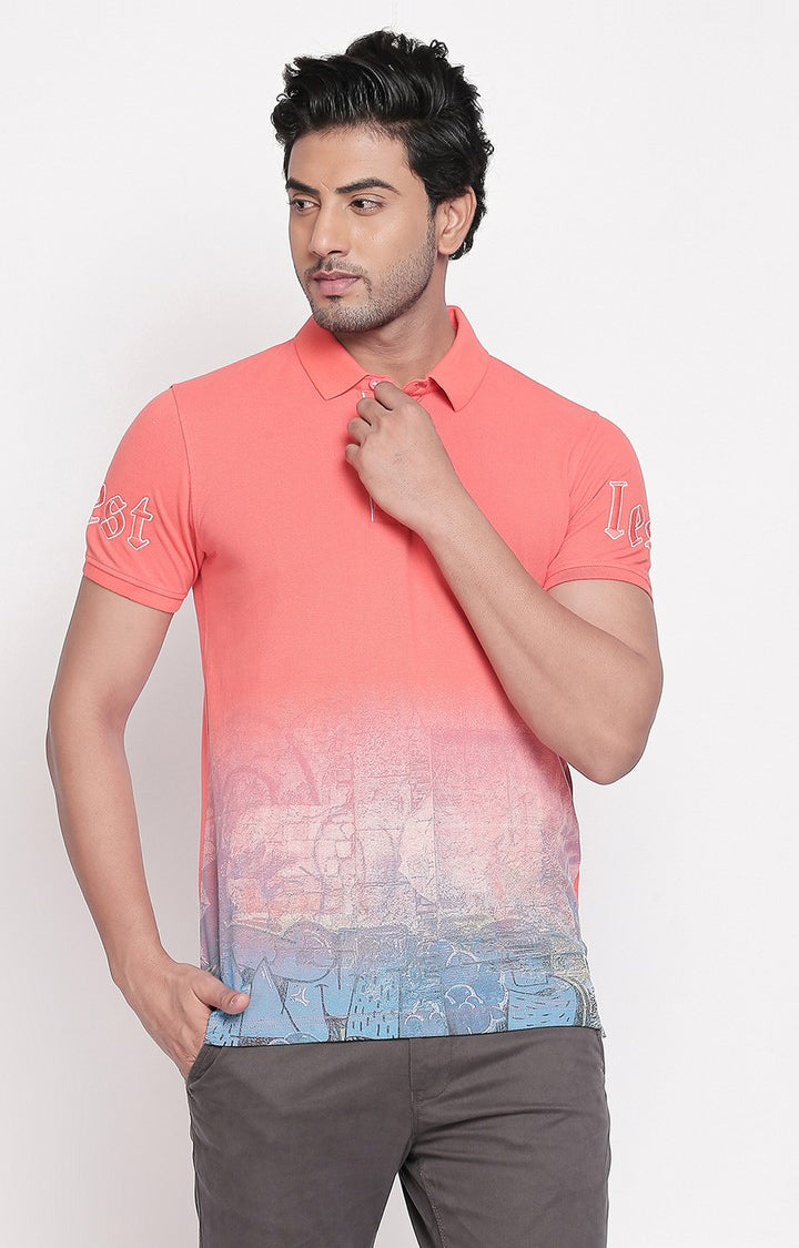 Spykar Coral Printed Slim Fit Polo T-Shirt