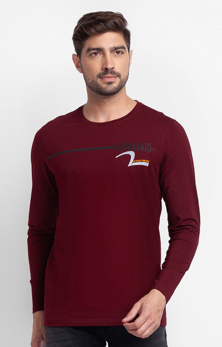 Spykar Wine Cotton Full Sleeve Printed Casual T-Shirt For Men