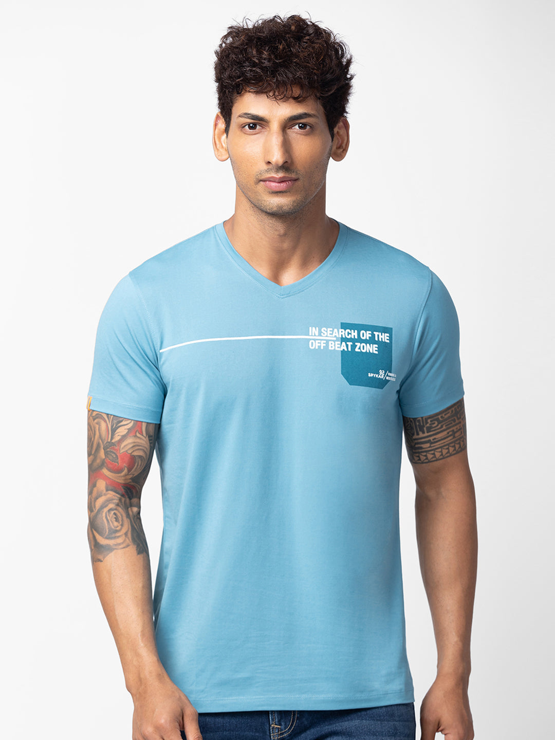 Spykar Men Haze Blue Cotton Regular Fit Half Sleeve Printed T-Shirt