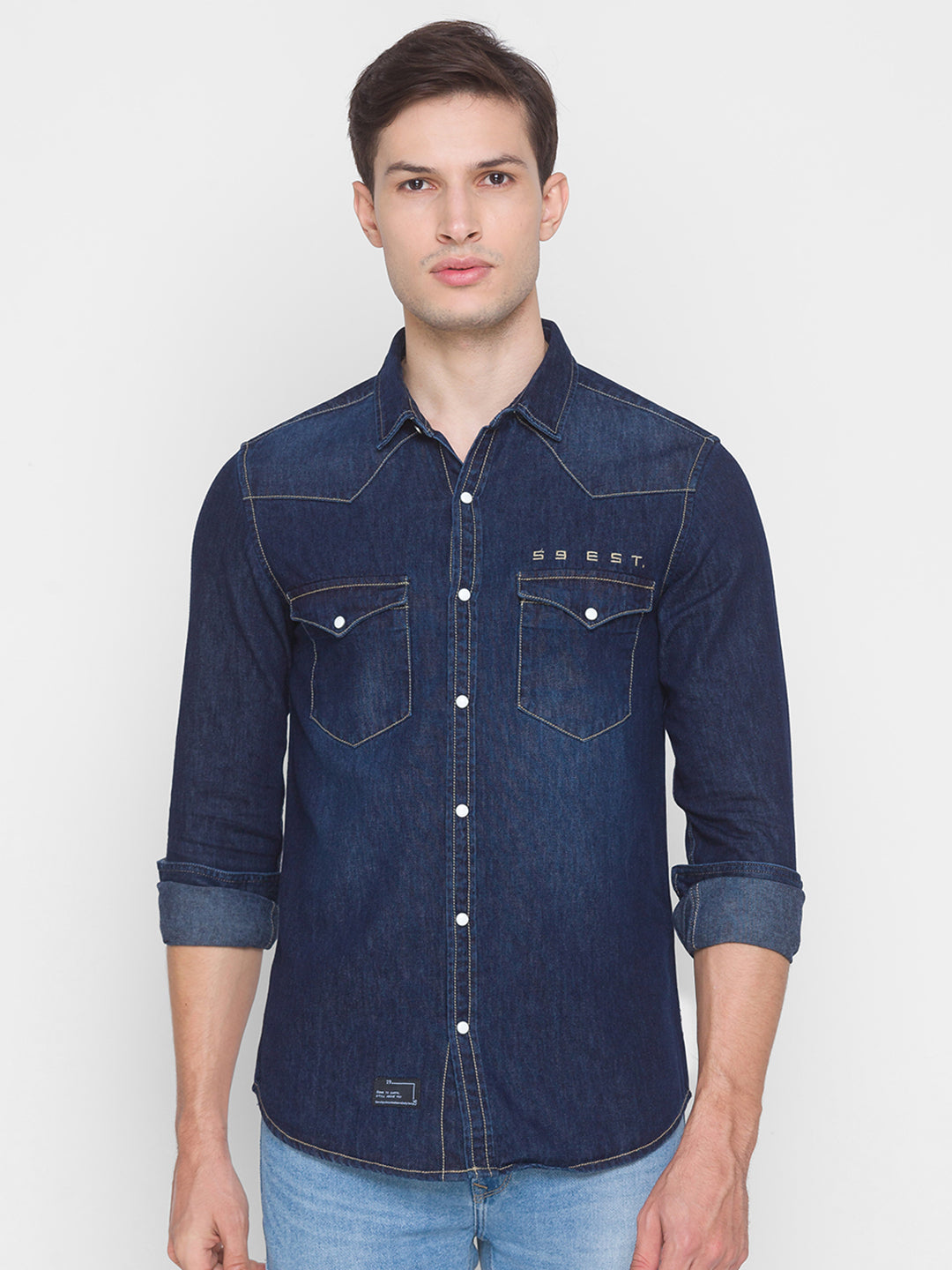 Spykar Dark Blue Cotton Full Sleeve Denim Shirt For Men