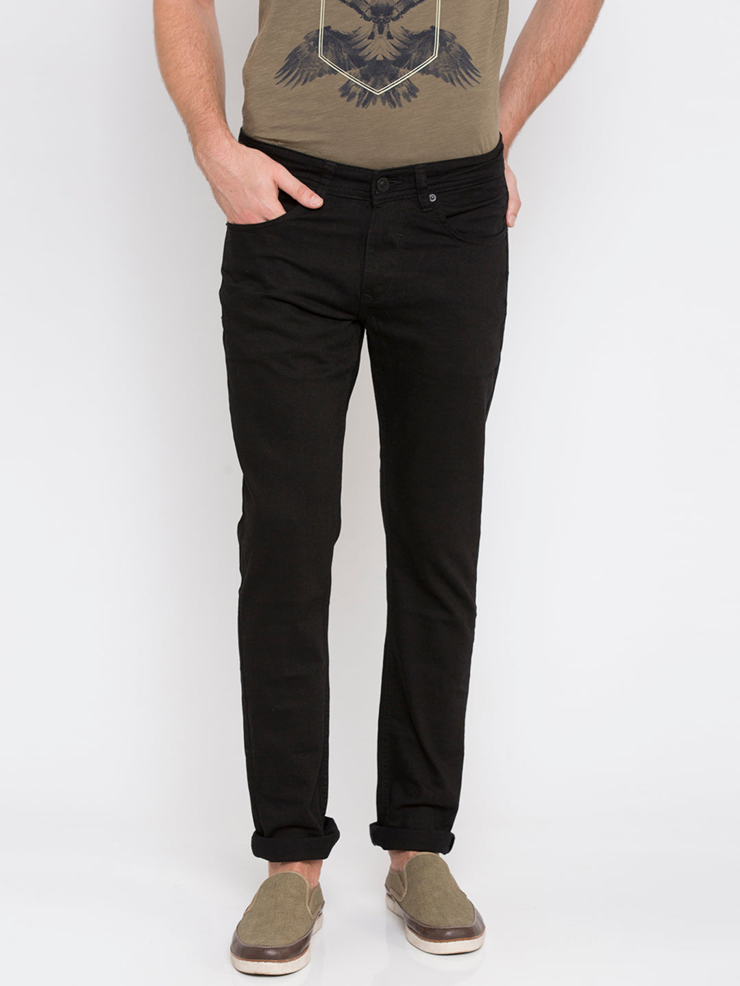 Spykar Men Black Cotton Regular Fit Narrow Length Jeans (Rover)