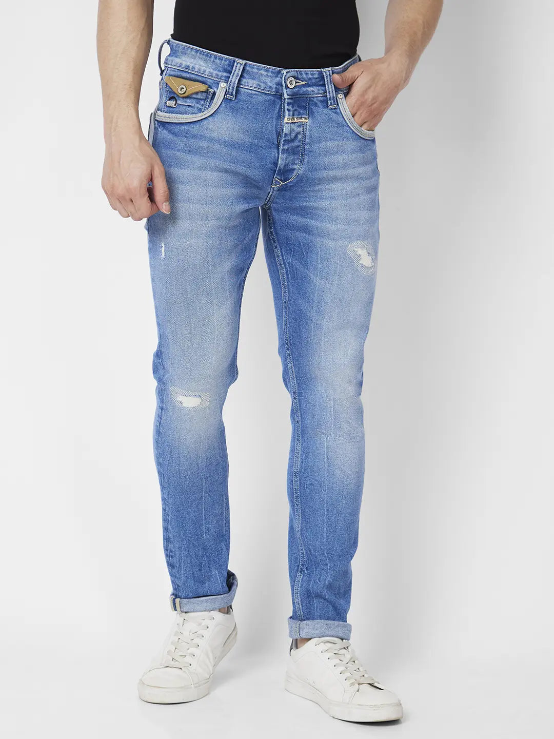 Shop Spykar Men Mid Blue Cotton Slim Fit Narrow Length Mild