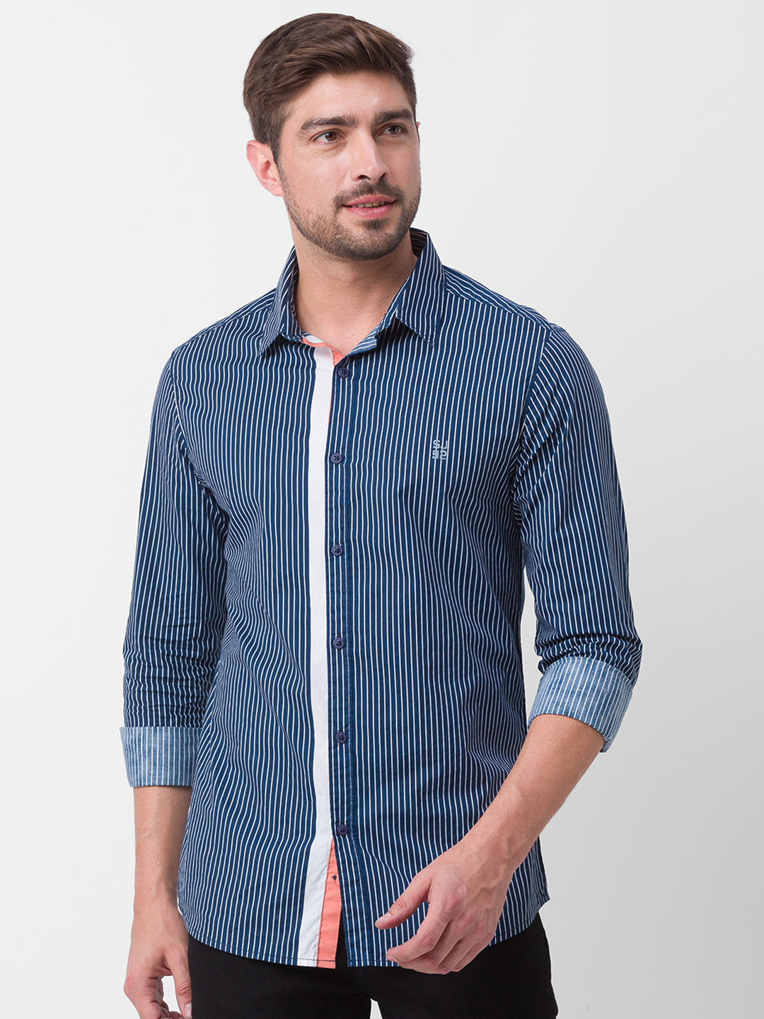 Spykar Navy Blue Cotton Full Sleeve Stripes Shirt For Men