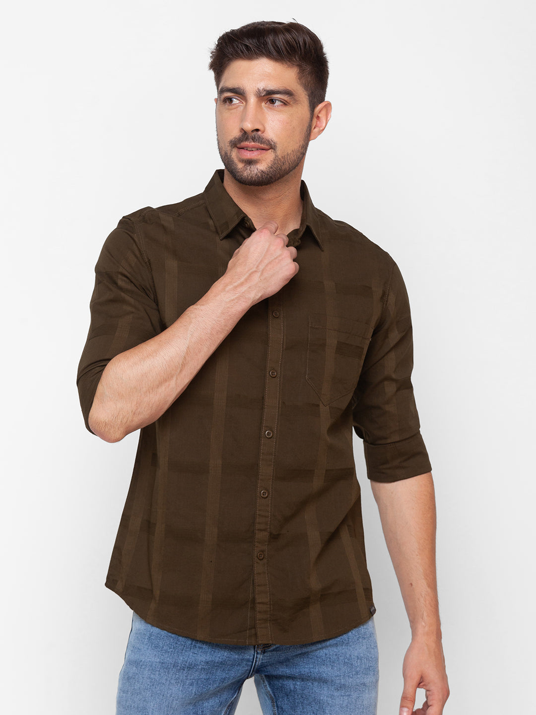 Spykar Military Green Cotton Full Sleeve Plain Shirt For Men