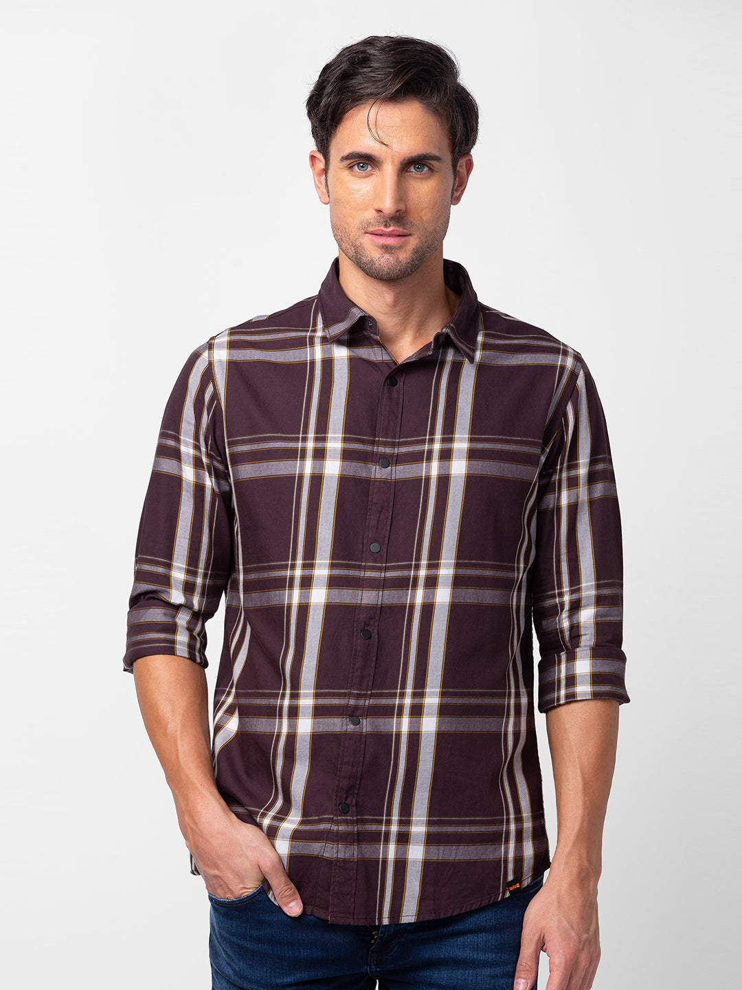 Spykar Men Wine Red Cotton Slim Fit Checkered Shirt