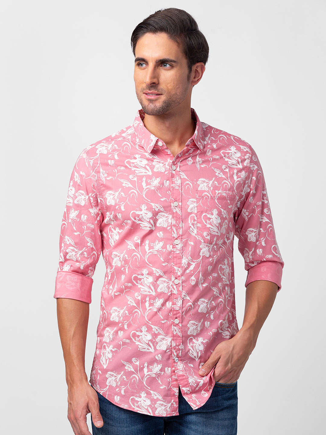 Spykar Men Dusty Pink Cotton Slim Fit Floral Shirt