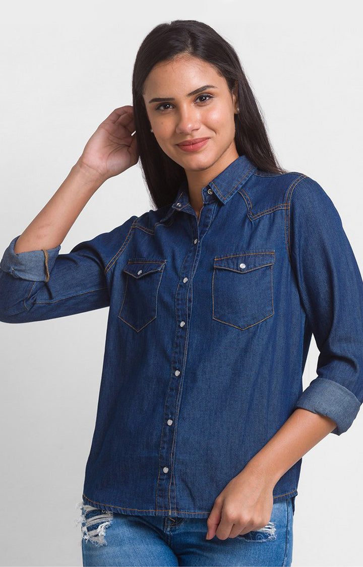 Spykar Mid Blue Cotton Full Sleeve Denim Shirts For Women