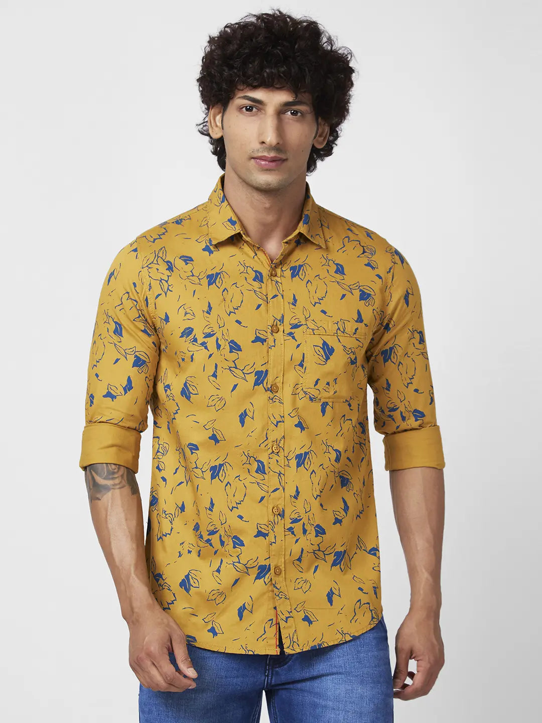 Spykar Men Camel Khaki Cotton Regular Slim Fit Full Sleeve Casual Floral Print Shirt