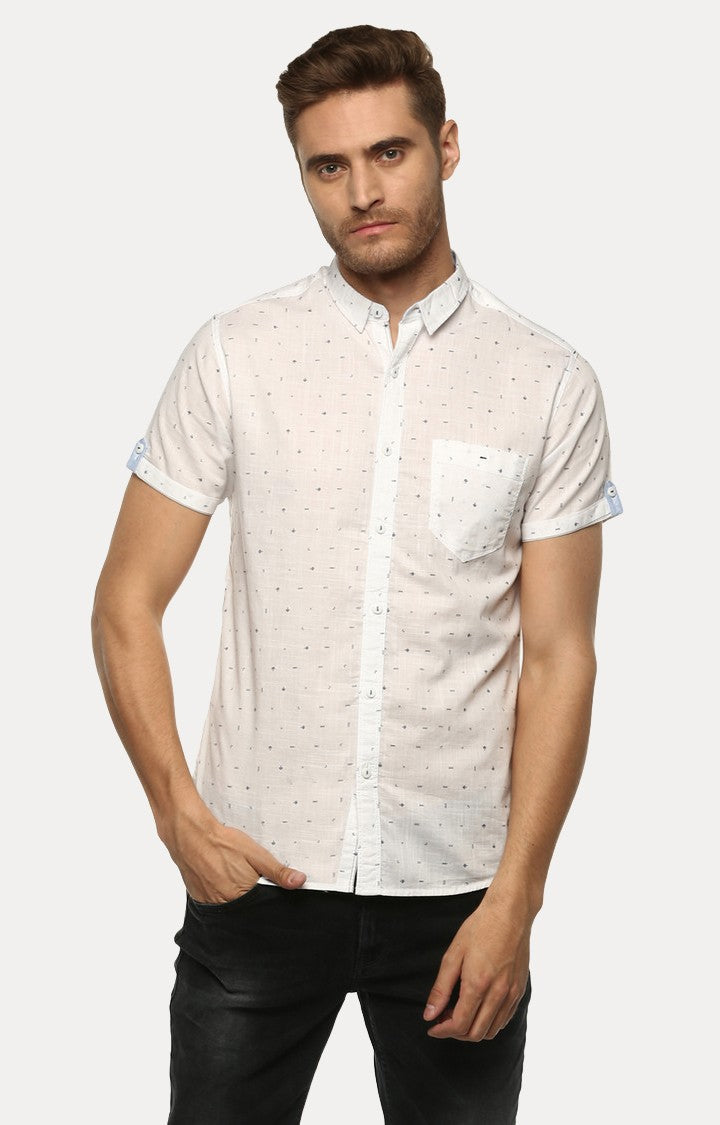 Spykar Men White Slub Slim Fit Printed Shirt