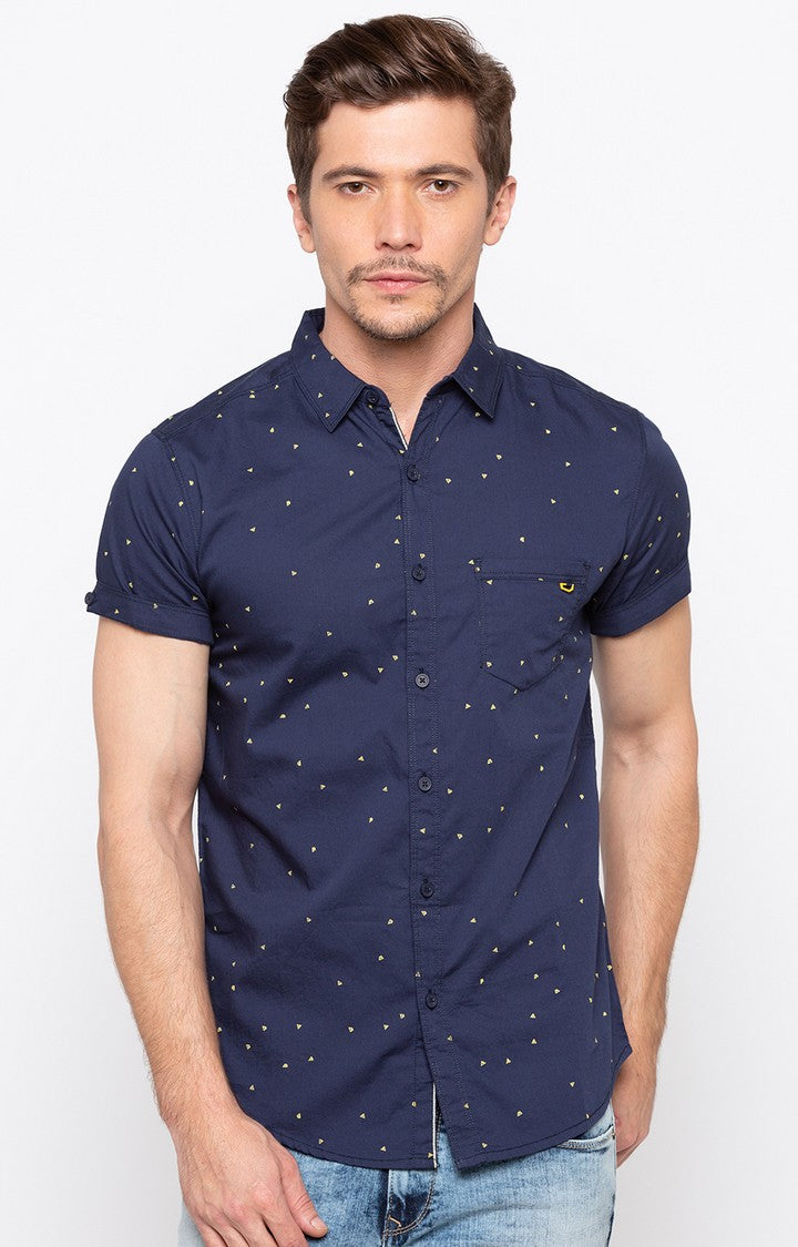 Spykar Men'S Blue Cotton Printed Casual Shirts