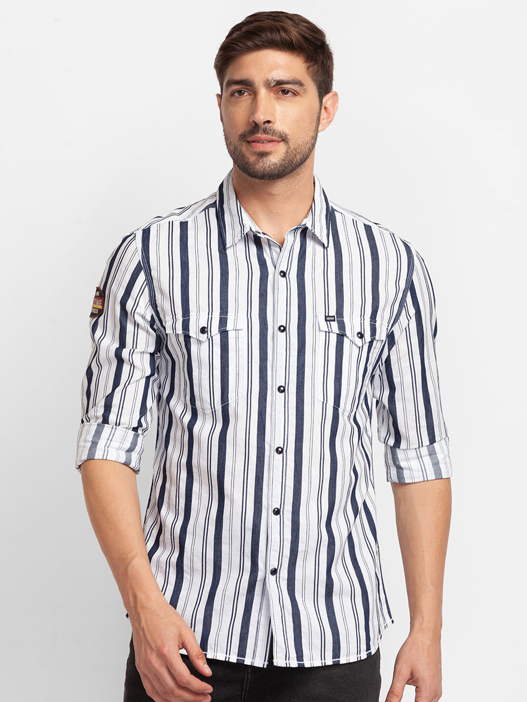 Spykar White Cotton Full Sleeve Stripes Shirt For Men