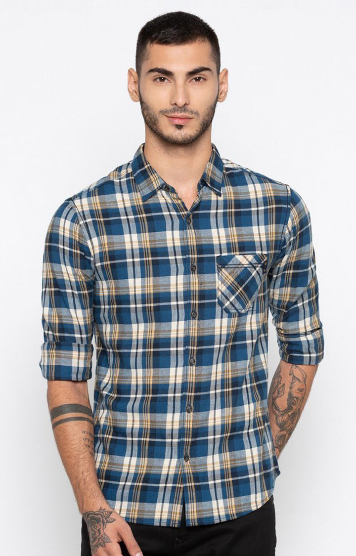 Spykar Men'S Blue Cotton Checked Casual Shirts