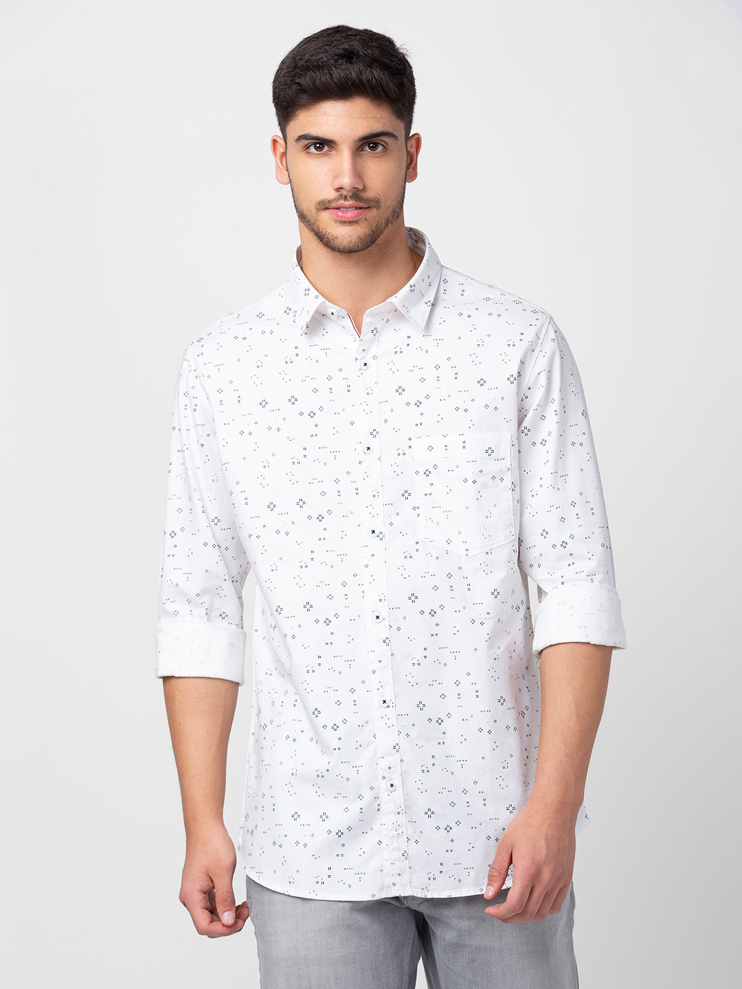 Spykar Men White Cotton Slim Fit Printed Shirt