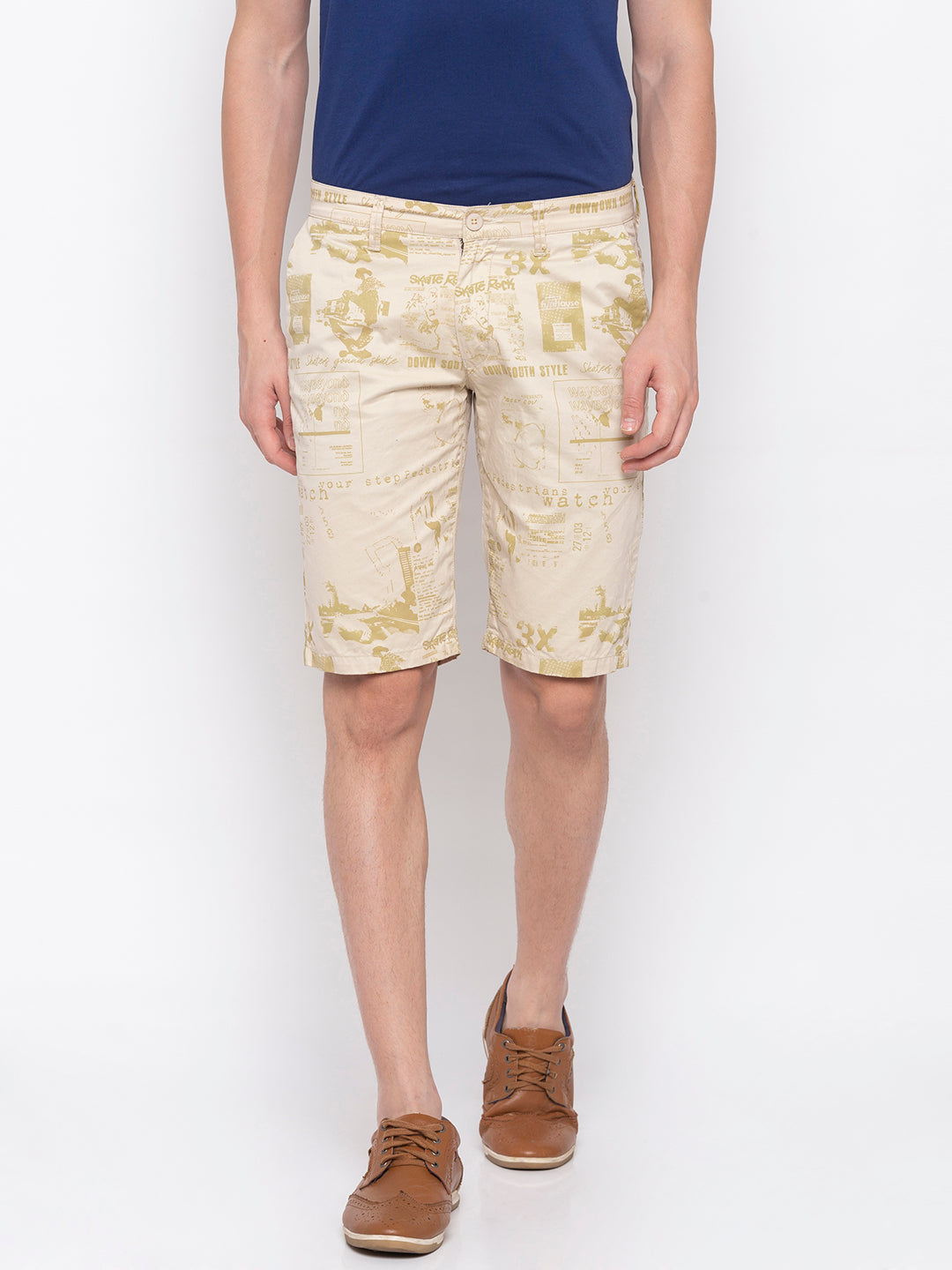 Spykar Men Beige Cotton Slim Fit Shorts