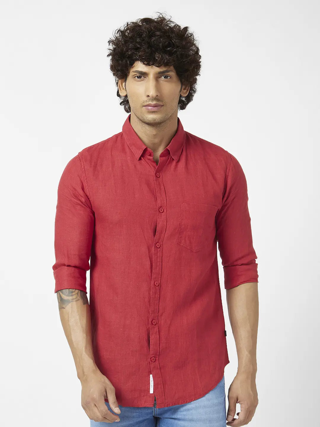 Spykar Men Brick Red Linen Regular Slim Fit Full Sleeve Plain Shirt