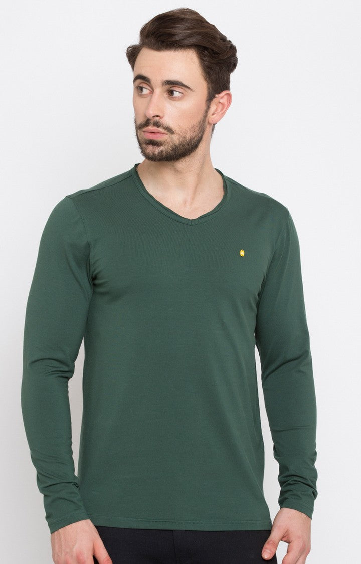 Spykar Bottle Green Solid Slim Fit Men T-Shirts