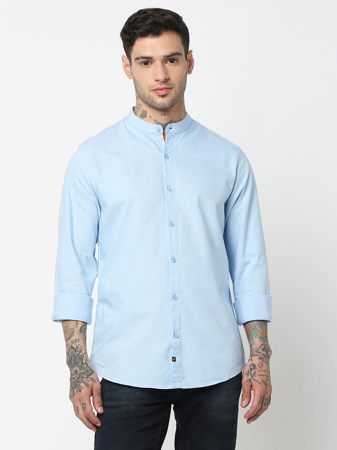 Spykar Men Sky Blue Cotton Slim Fit Plain Shirts