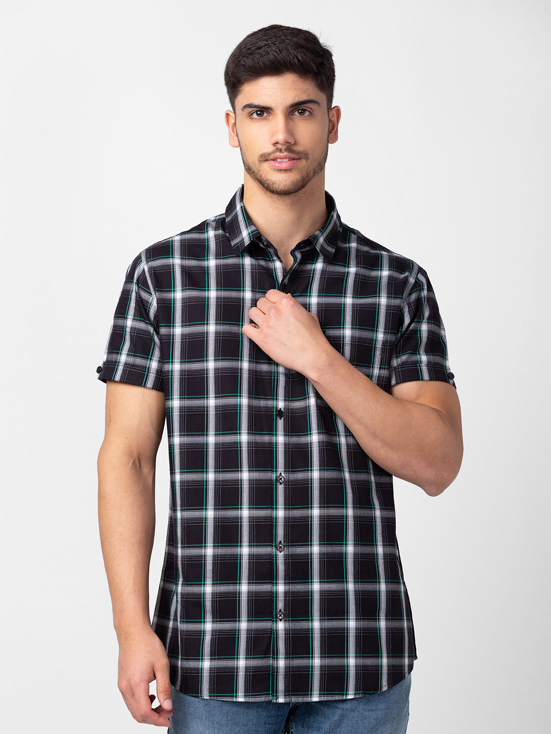 Spykar Men Black Cotton Slim Fit Checkered Shirt