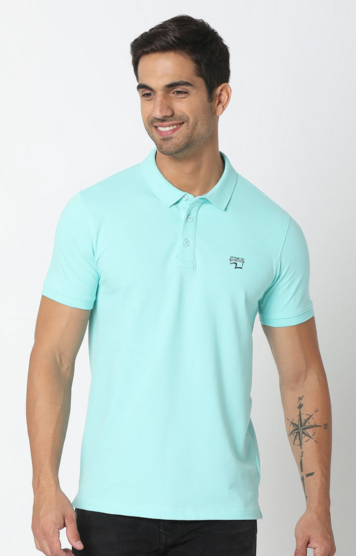 Spykar Aqua Blue Cotton Half Sleeve Plain Polo T-Shirt For Men