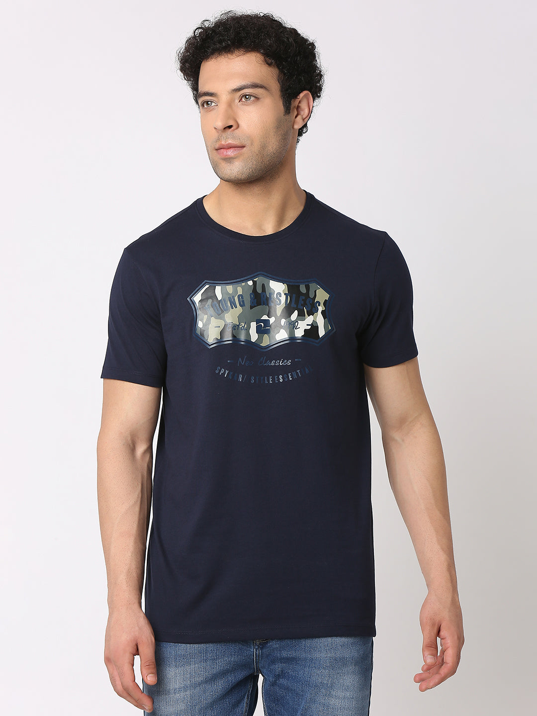 Spykar Men Navy Blue Cotton Slim Fit Round Neck Printed T-Shirt