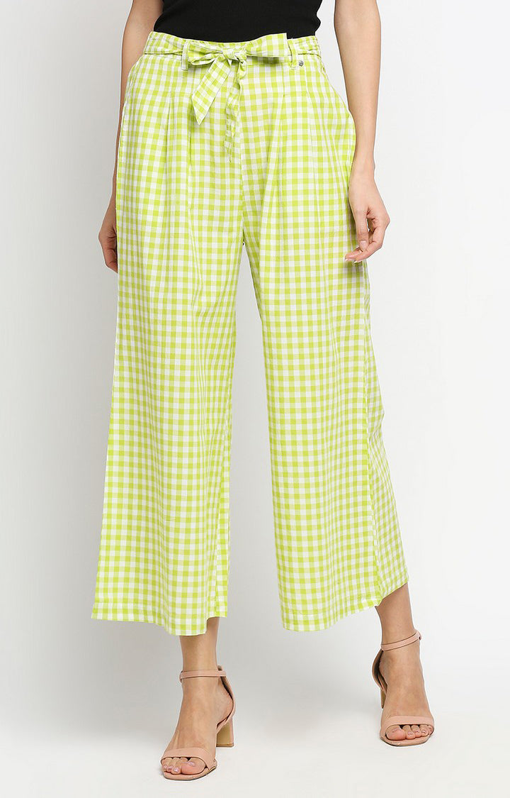 Spykar Women Lime Checked Slim High-Rise Palazzos