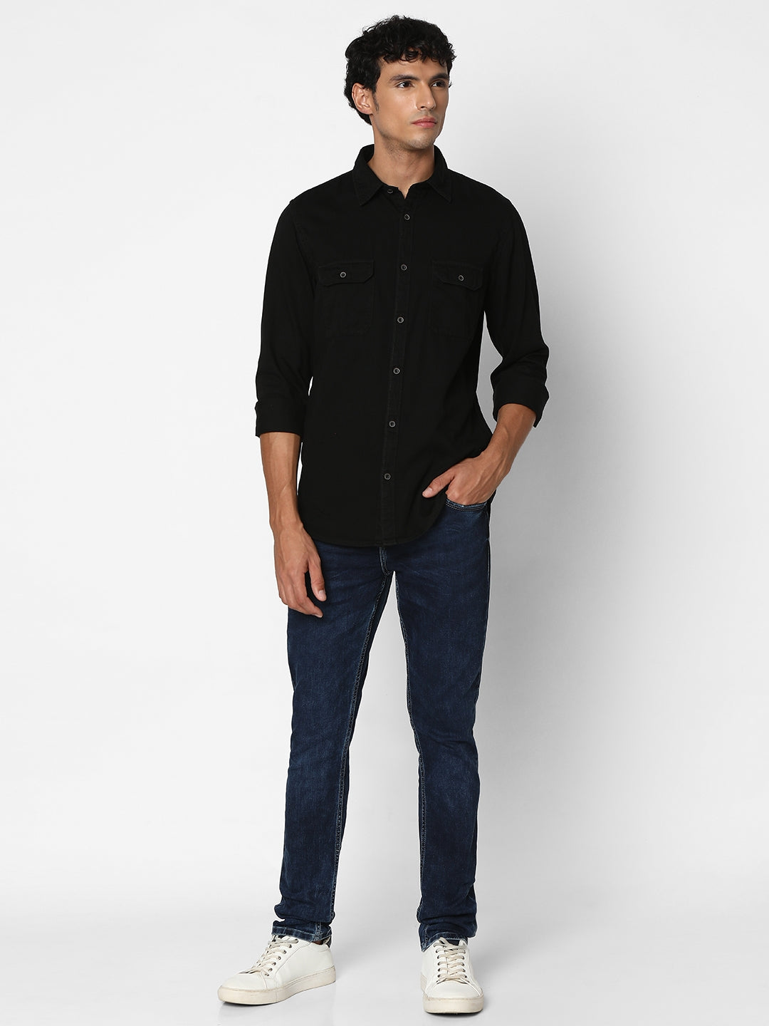 Spykar Men Black Cotton Slim Fit Denim Shirt