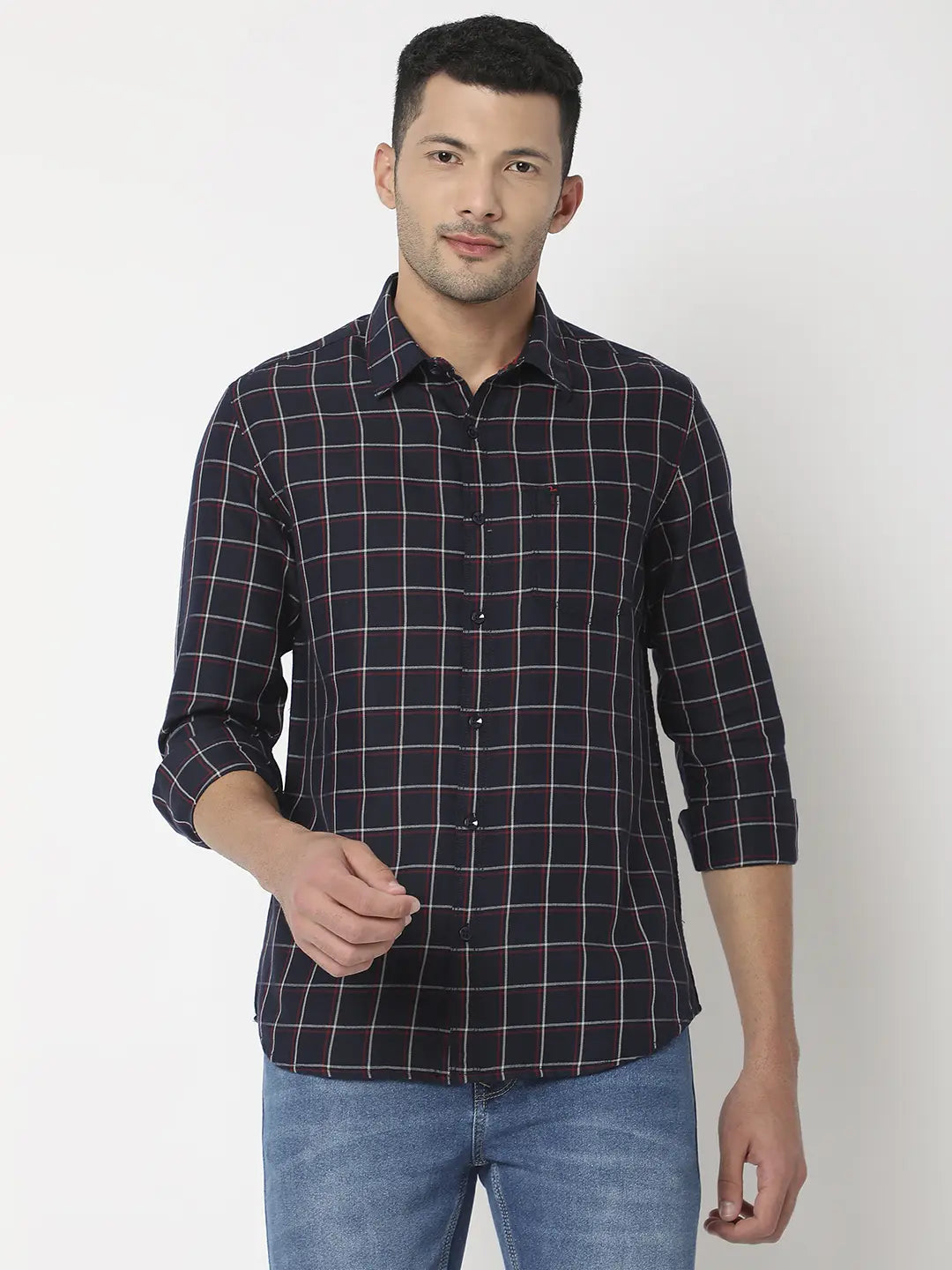 Spykar Men Navy Blue Cotton Slim Fit Checkered Shirt