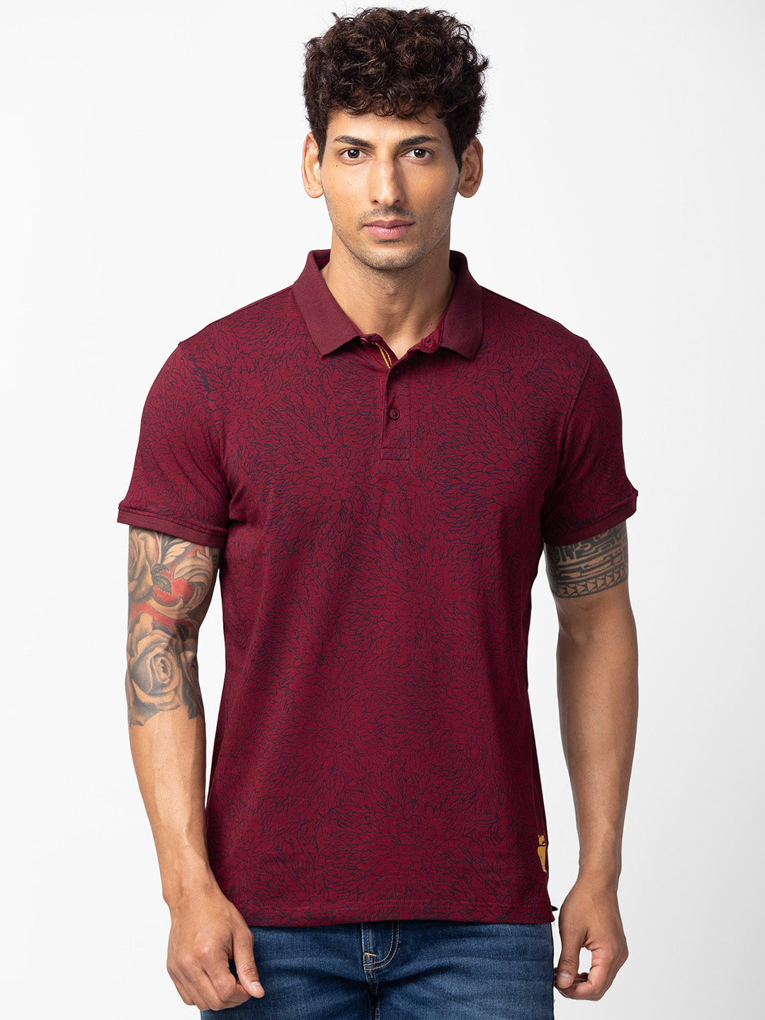 Spykar Men Wine Cotton Regular Fit Half Sleeve Printed Polo T-Shirt