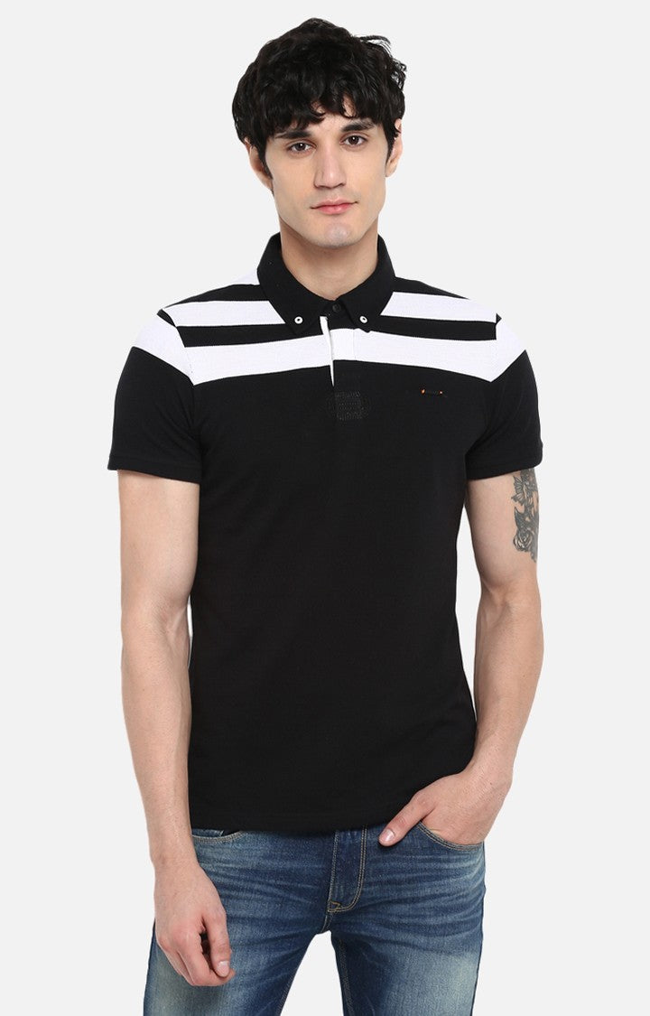 Spykar Black Cotton Slim Fit Polos T-Shirt For Men