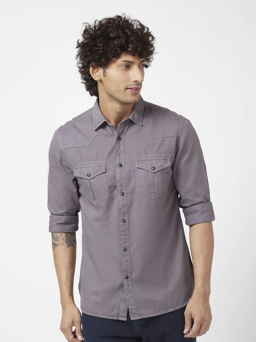 Spykar Men Grey Twill Slim Fit Full Sleeve Denim Shirt