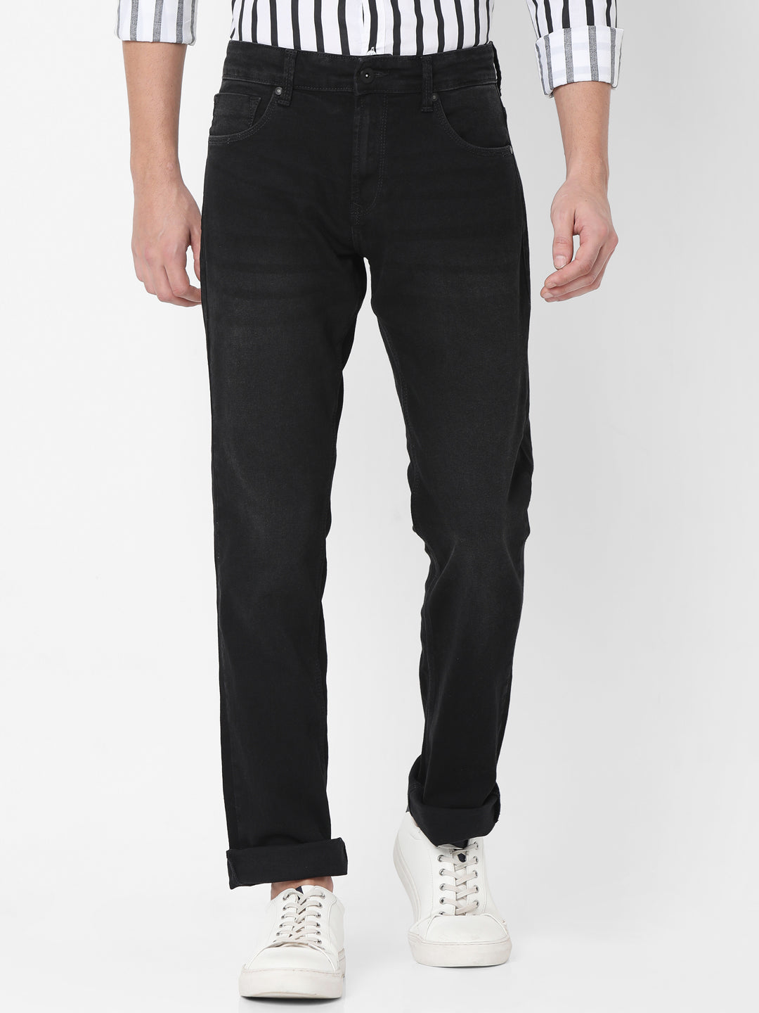 Spykar Men Black Cotton Regular Fit Straight Fit Jeans (Rico)