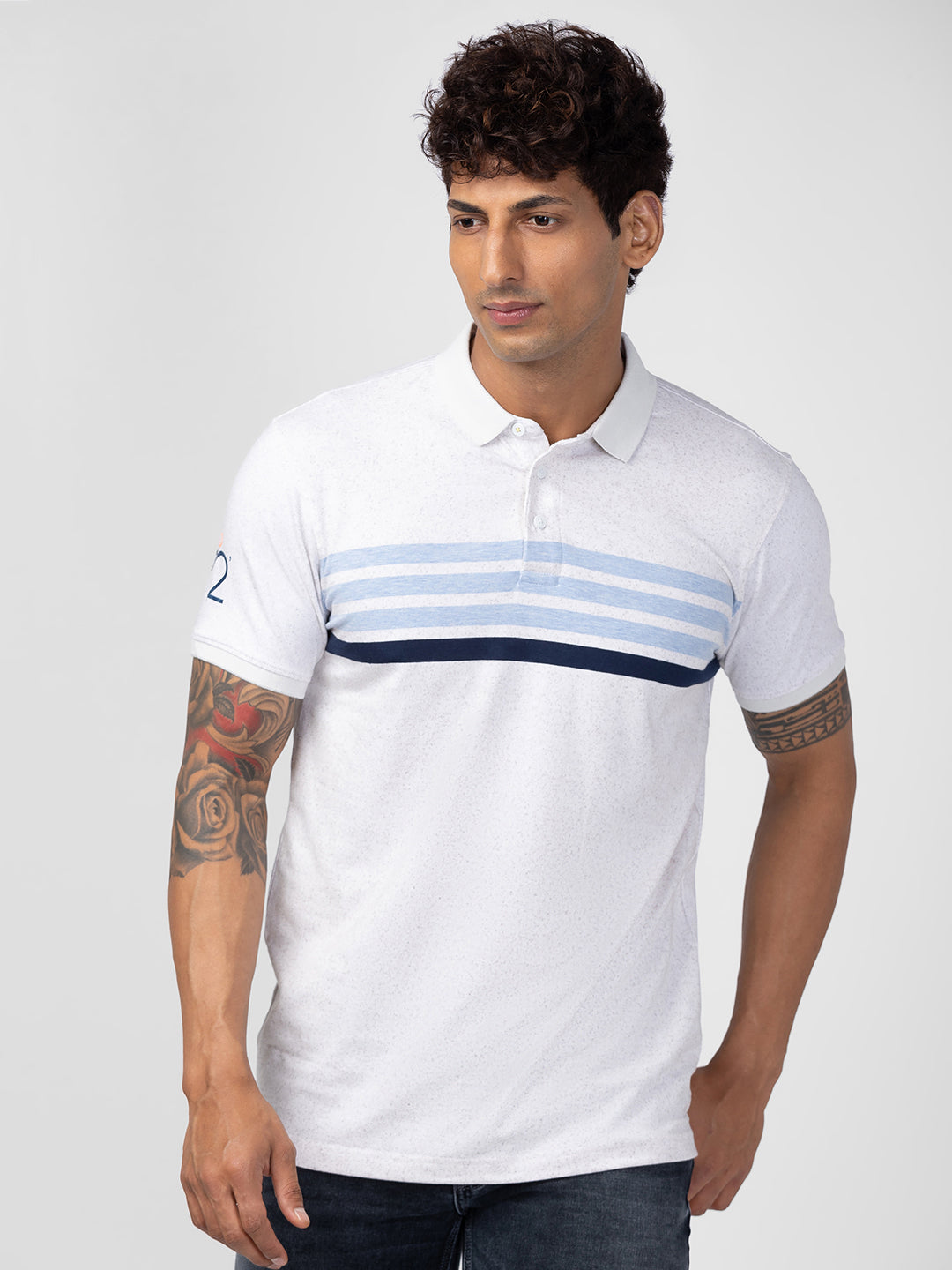 Spykar Men White Cotton Regular Fit Half Sleeve Printed Polo T-Shirt