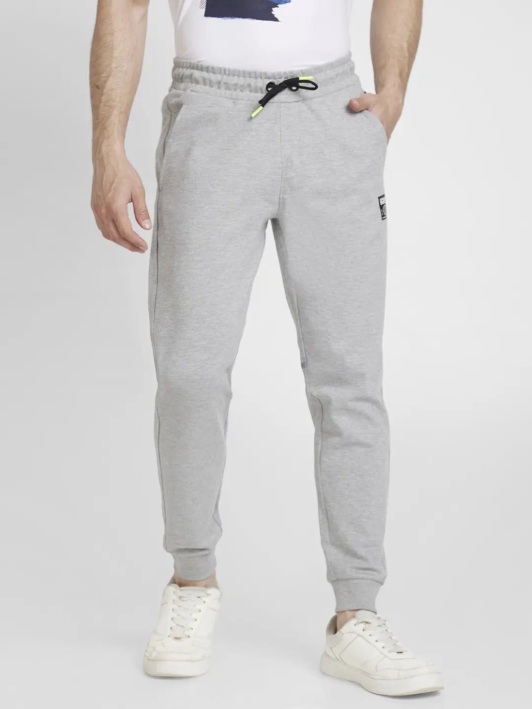 Spykar Men Ecru Melange Blended Regular Fit Plain Joggers Trackpant