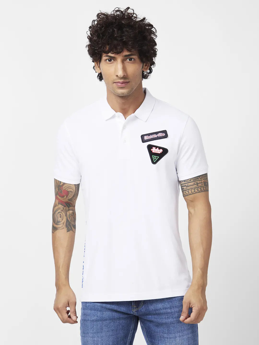 Spykar Men White Cotton Slim Fit Half Sleeve Polo Neck Plain Tshirt