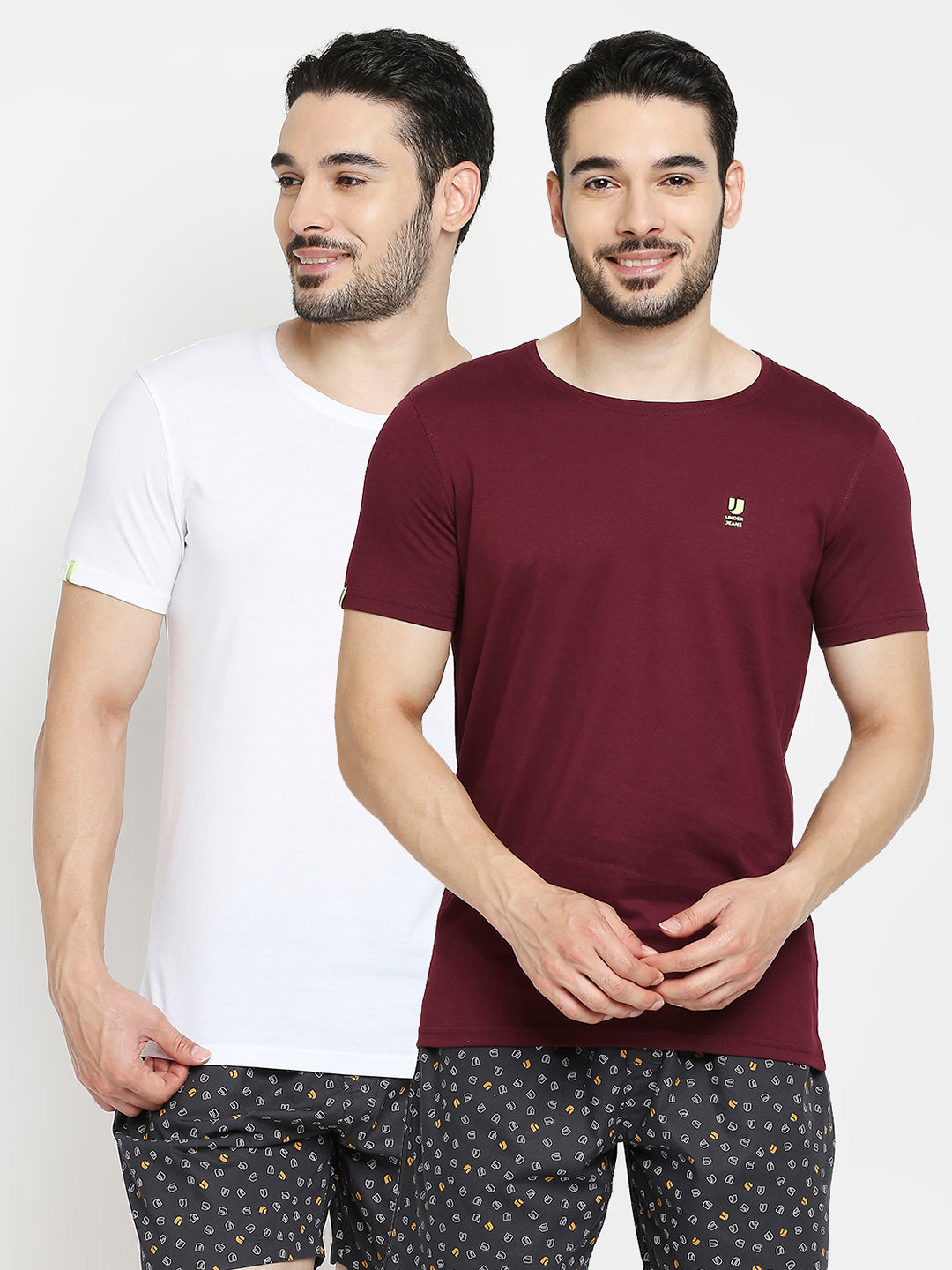 Men Premium White & Wine Cotton Regular Fit Round Neck T-Shirts - Pack Of 2 - Underjeans By Spykar