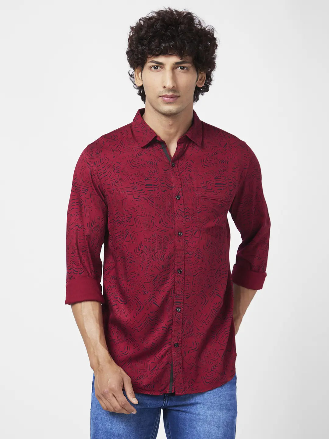 Spykar Men Deep Red Viscose Regular Slim Fit Full Sleeve Causal Printed Shirt