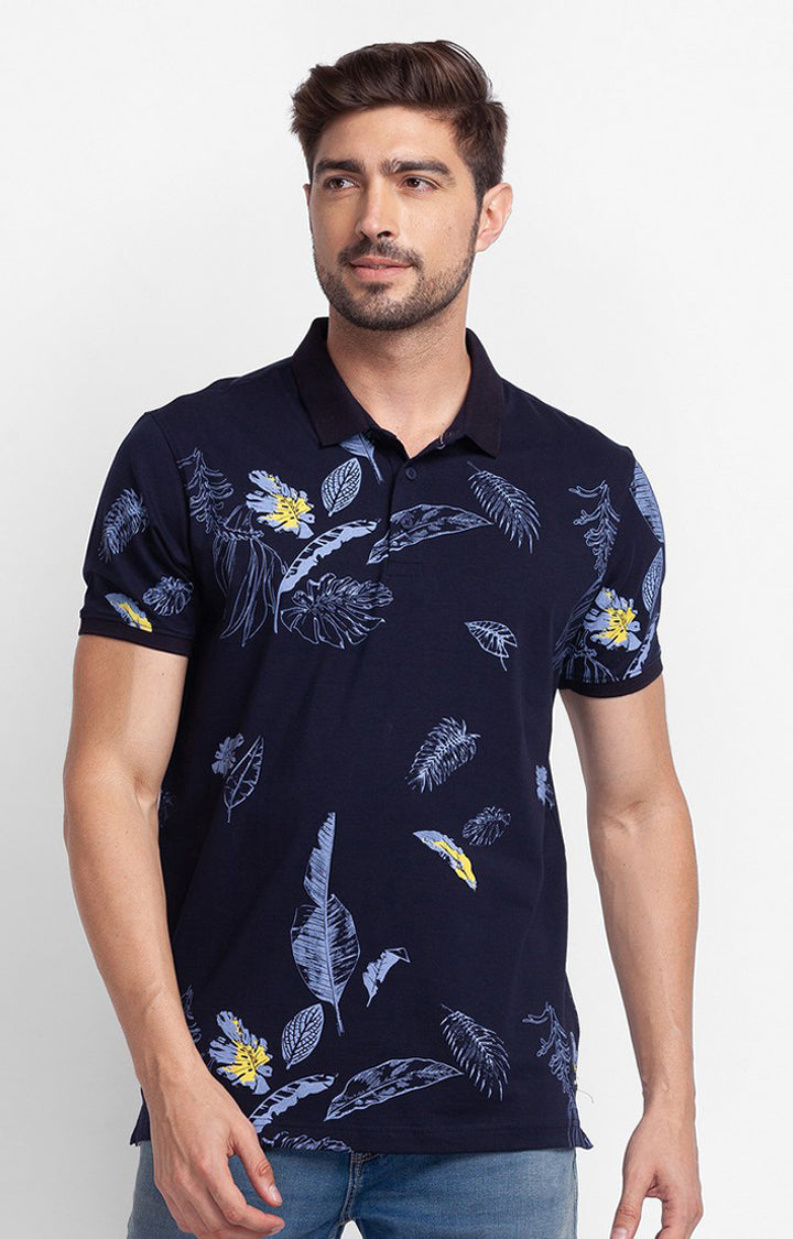 Spykar Navy Blue Cotton Half Sleeve Printed Casual Polo T-Shirt For Men