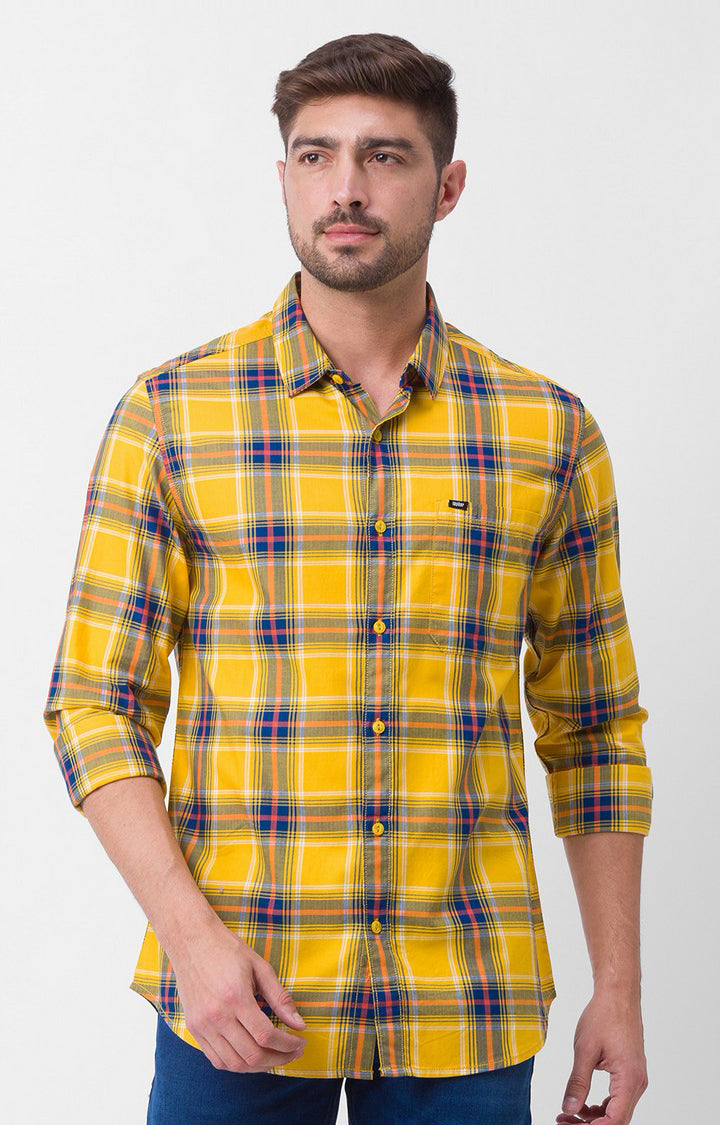 Spykar Yellow Cotton Full Sleeve Checks Shirt For Men