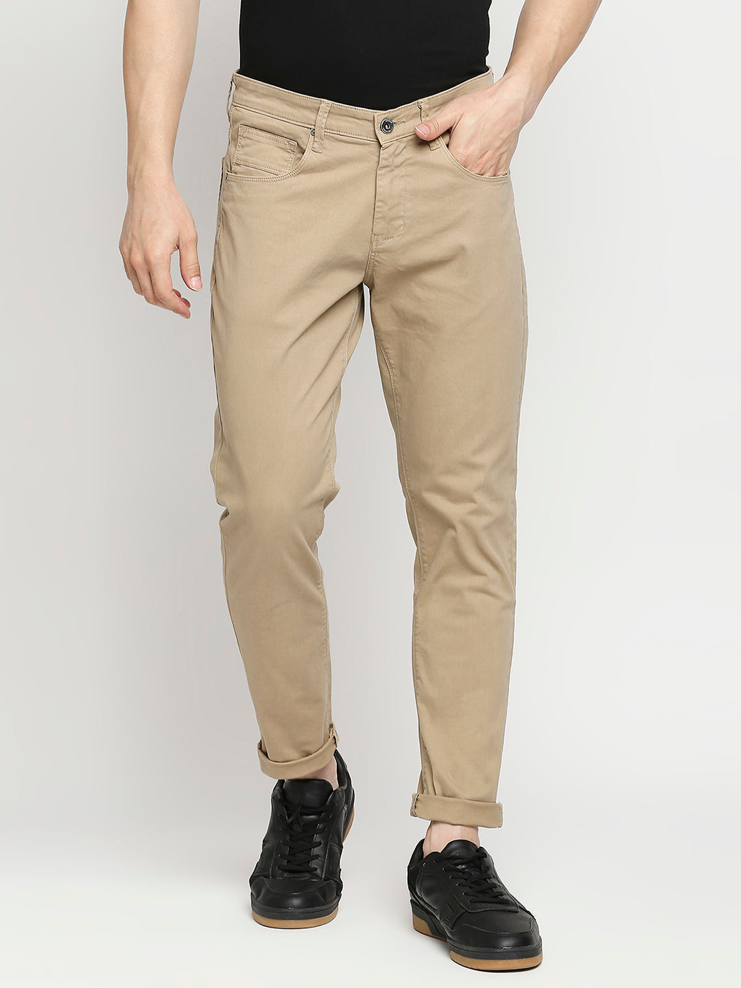 Spykar Camel Khaki Cotton Slim Fit Tapered Length Trousers For Men