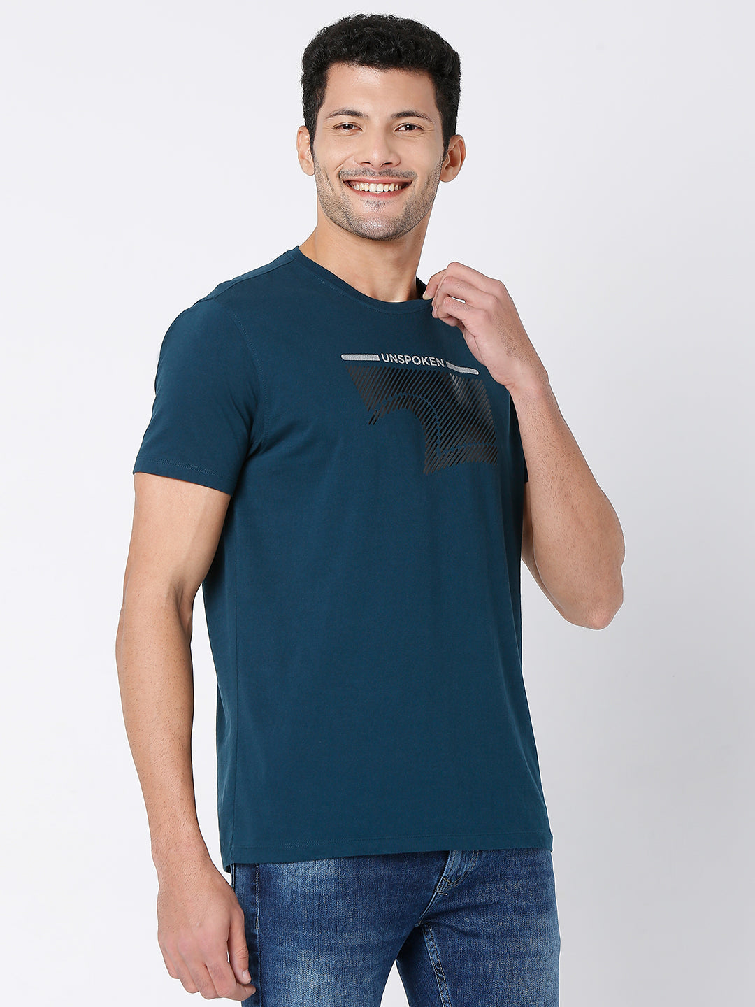 Spykar Teal Blue Cotton Half Sleeve Printed Casual T-Shirt For Men