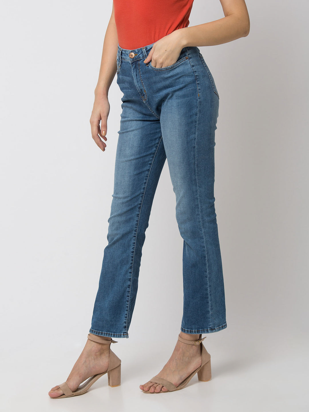 Spykar Women Mid Blue Cotton Bootcut Jeans