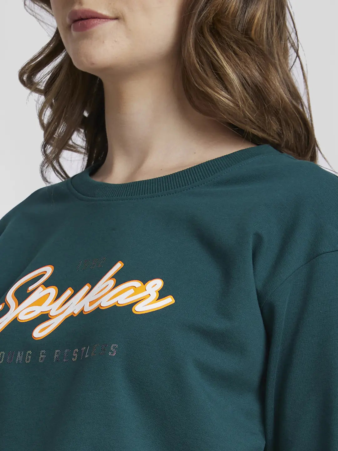 Spykar Women Marine Teal Blended Boxy Fit Round Neck Printed Crop Sweatshirt
