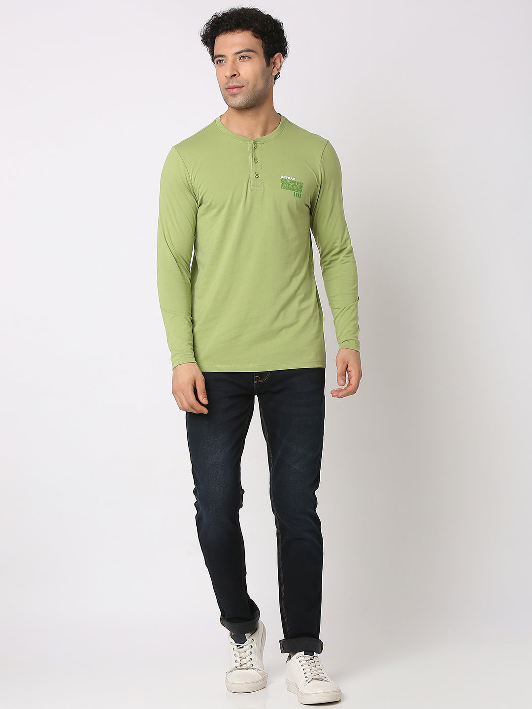 Spykar Men Dusty Green Cotton Slim Fit Henley Neck Plain T-Shirt