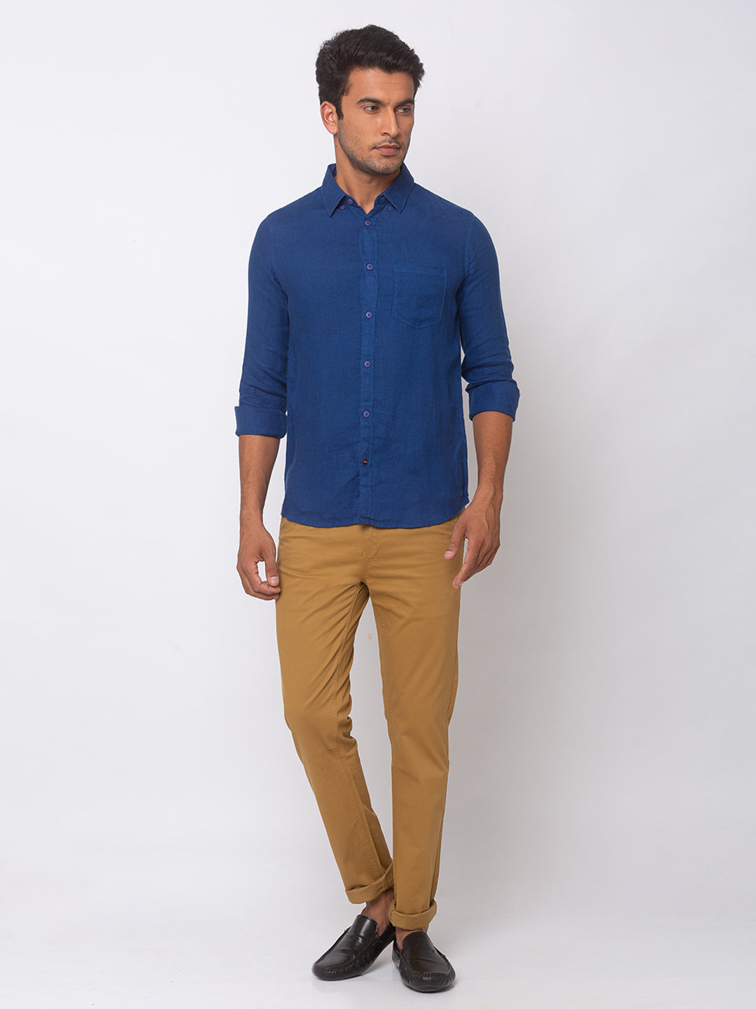 Spykar Men Navy Blue Linen Slim Fit Shirt