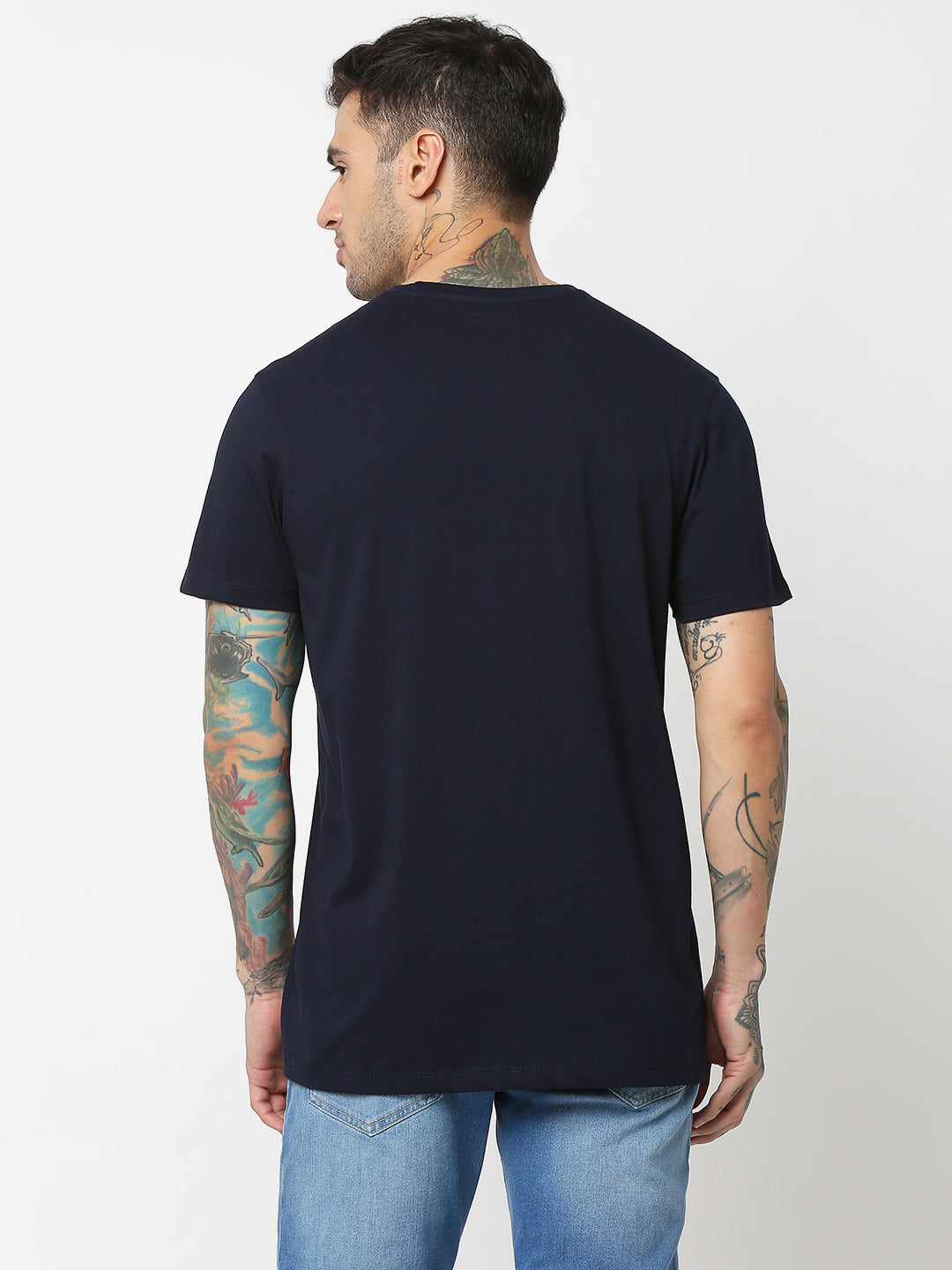 Spykar Men Blue Cotton Slim Fit Round Neck Printed T-Shirt