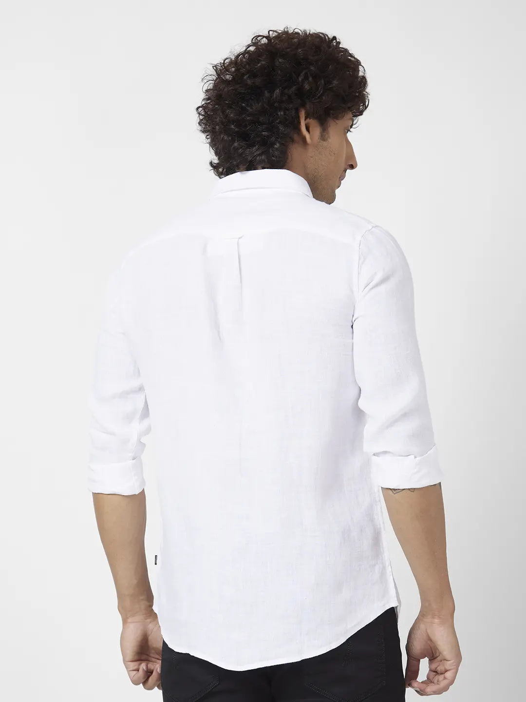 Spykar Men White Linen Regular Slim Fit Full Sleeve Plain Shirt