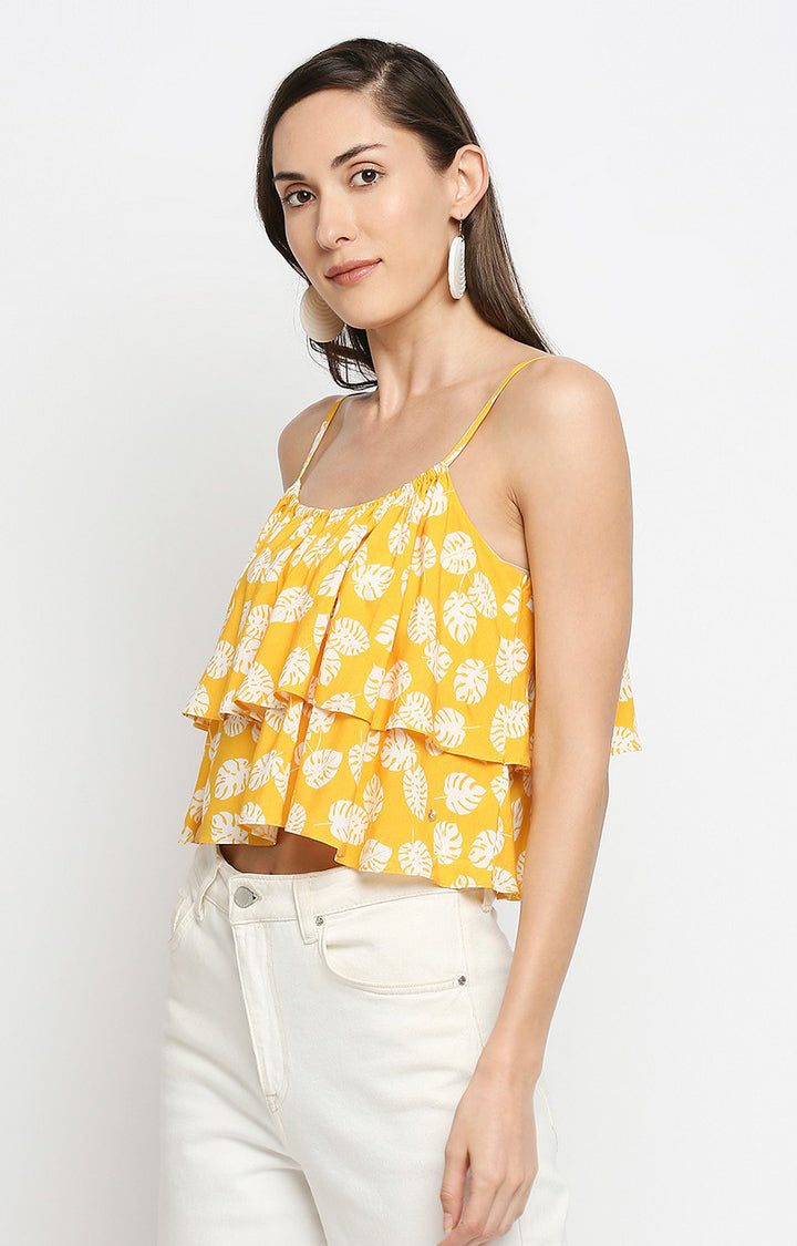 Spykar Women Yellow Viscose Floral Print Sleeveless Crop Top