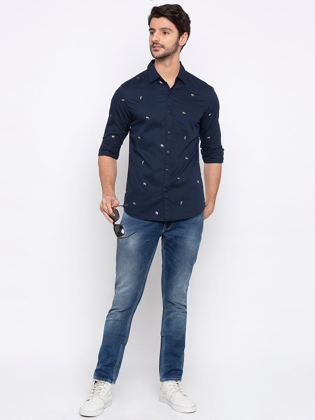 Spykar Men Navy Printed Slim Fit Casual Shirt