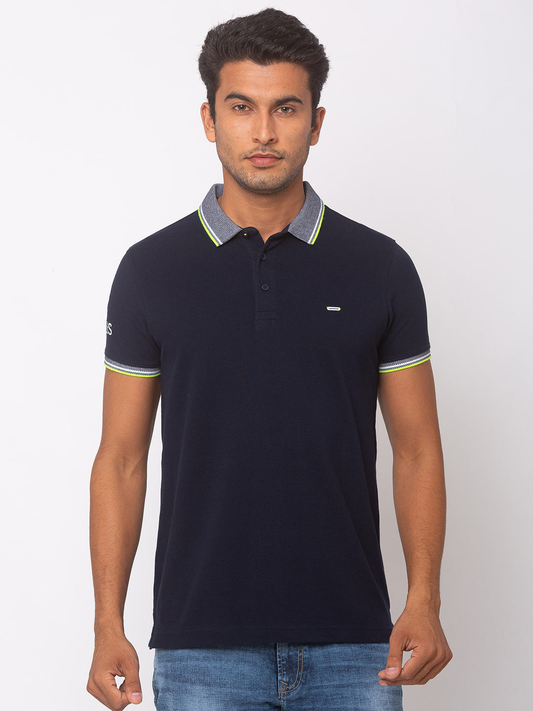 Spykar Men Blue Cotton Slim Fit Polo T-Shirt