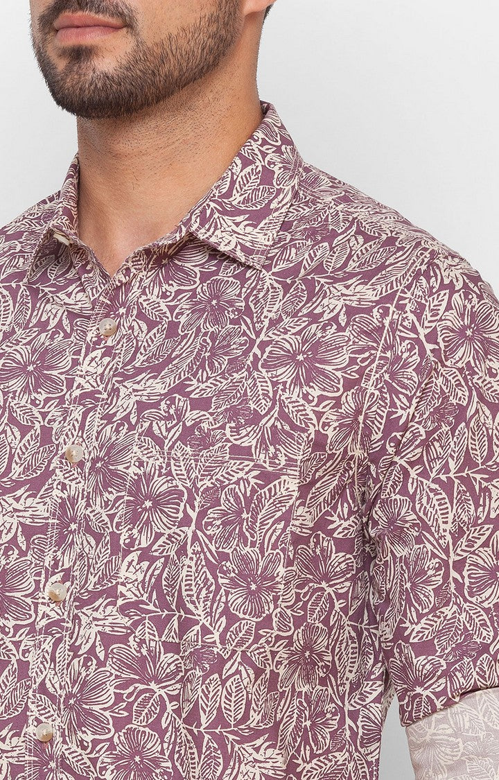 Spykar Mauve Pink Cotton Full Sleeve Printed Shirt For Men